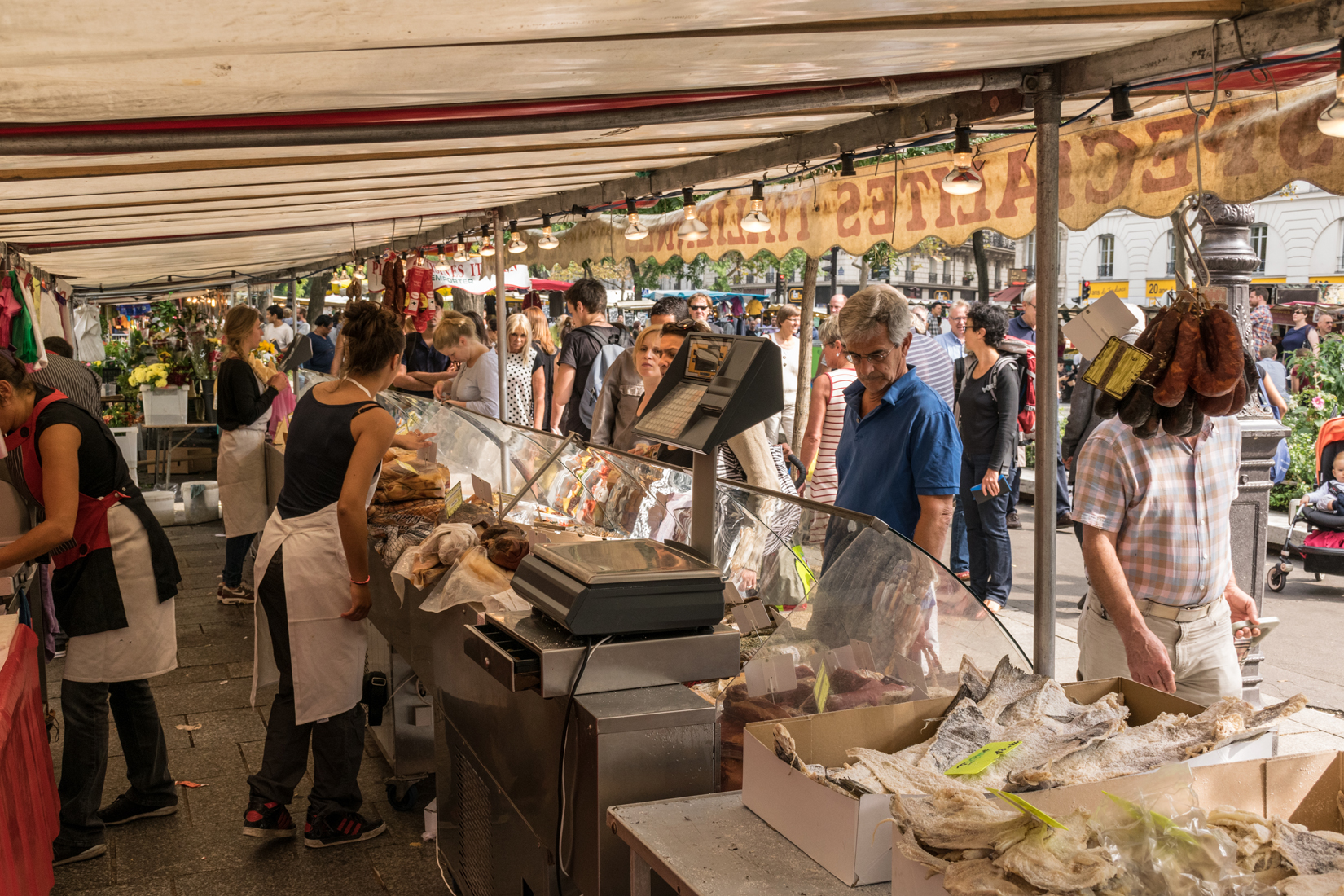 Stall dedicated to cured meats and fish