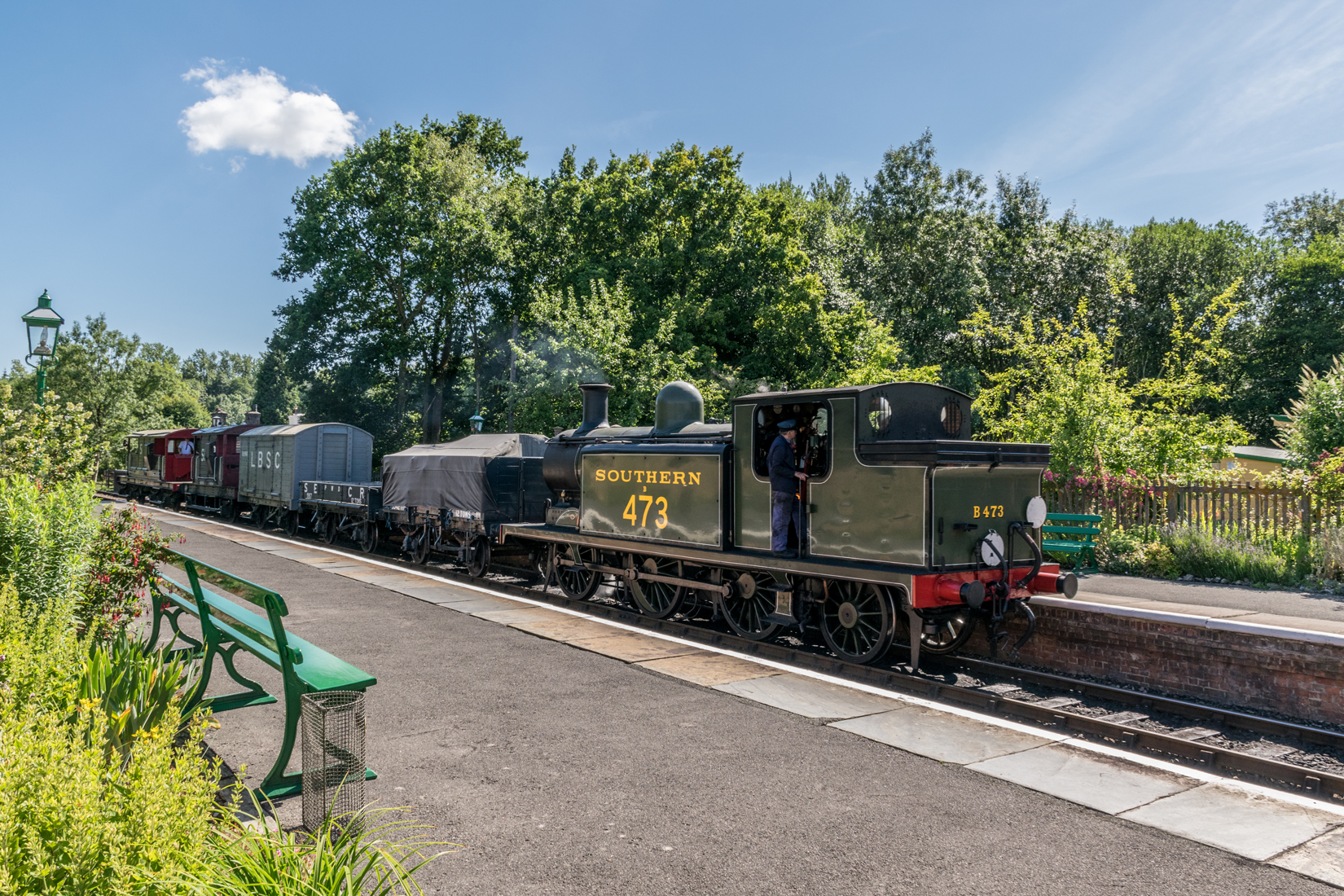 London, Brighton and South Coast Railway (LBSCR), E4 Class Billinton Radial Tank 0-6-2T, No.B473 arriving at Kingscote station with a goods train