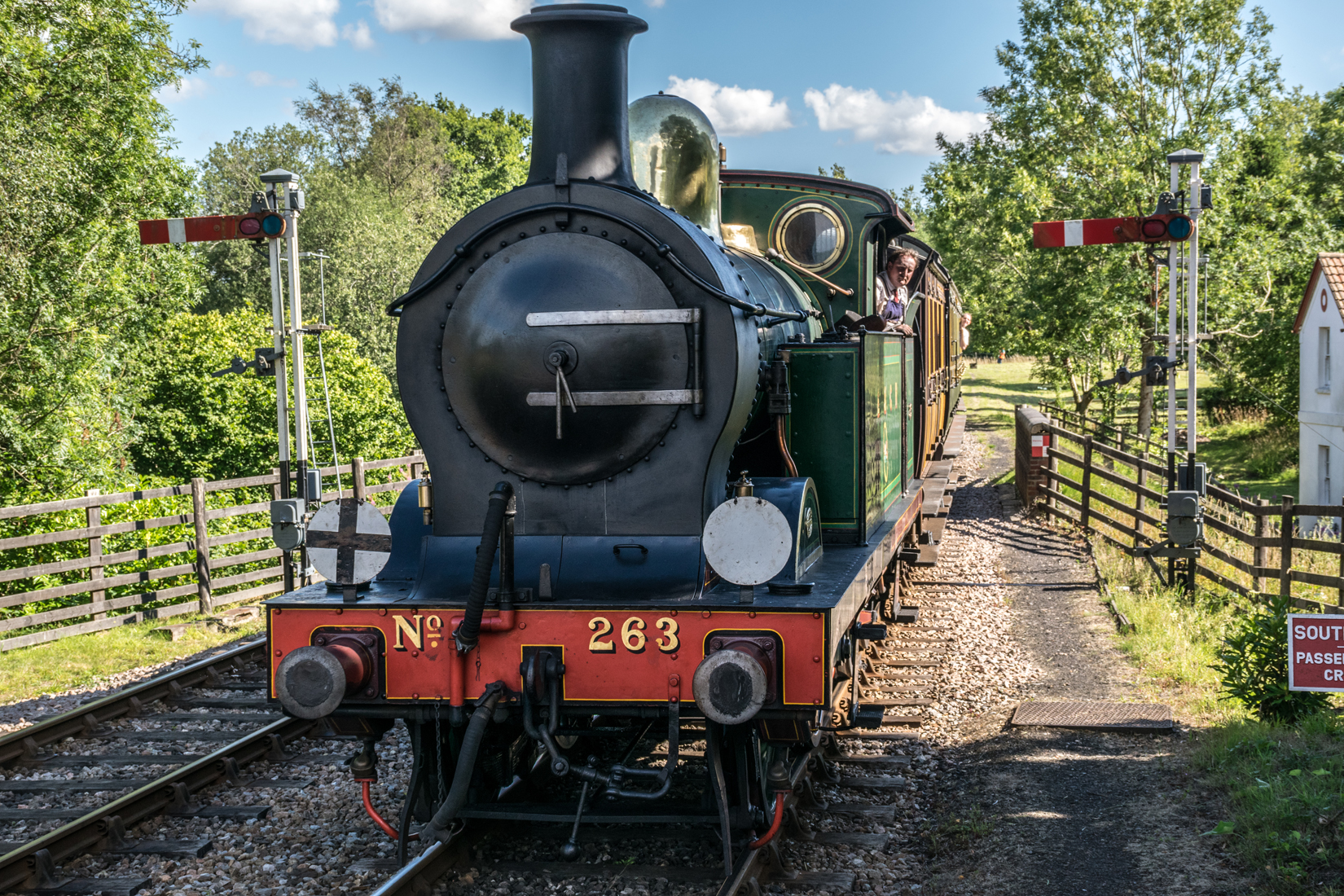 SECR 263 arriving at Kingscote with a north-bound passenger train for East Grinstead