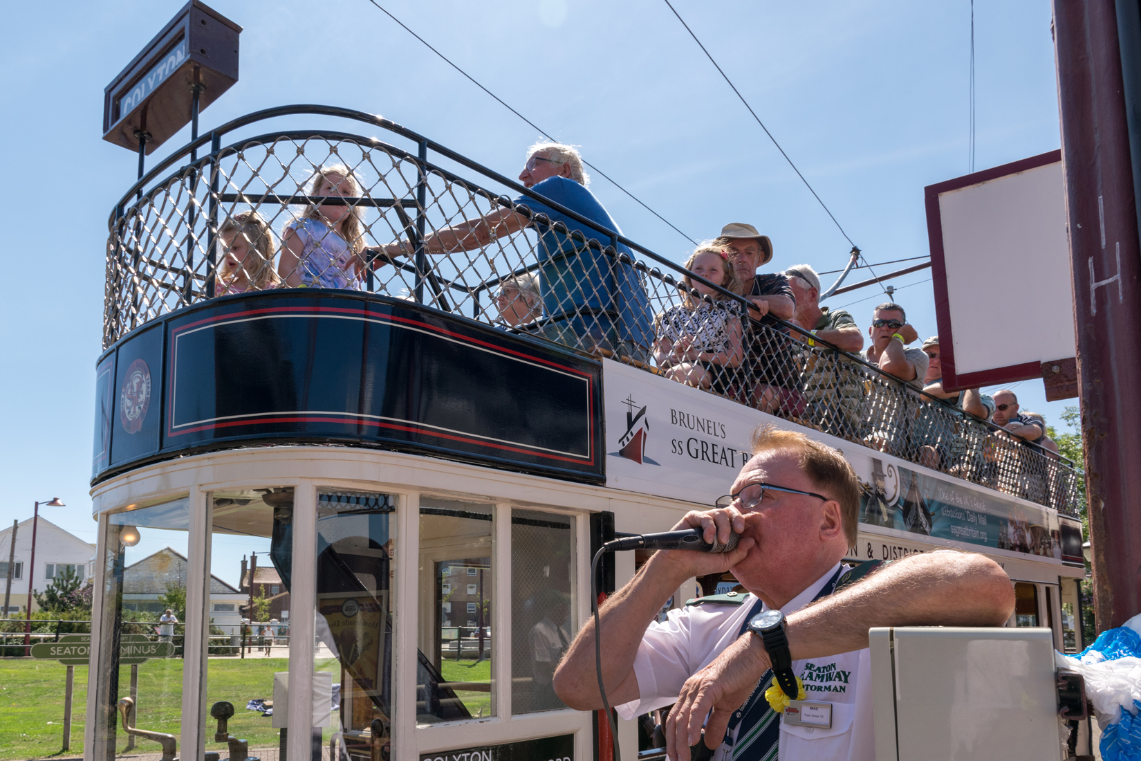 The motormen on Seaton Tramway use a public announcement system to deliver a  narrative about the tramway and its environment before leaving Seaton terminus