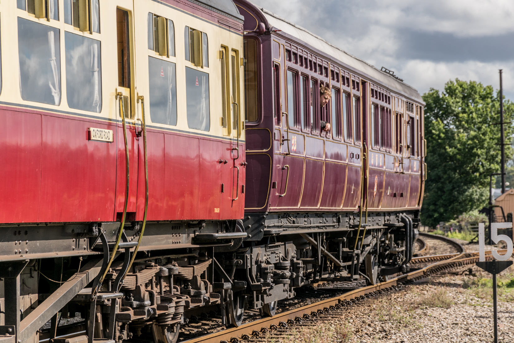 Steam Railmotor No. 93 runing in a three coach train format with 213 a Hawksworth Auto Trailer and 92 a Churchward Auto Trailer