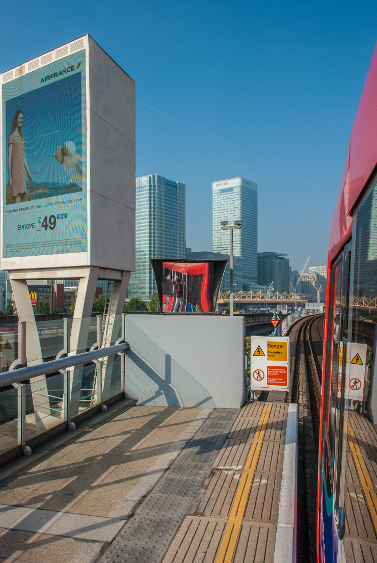 A view of Canary Wharf business district from Blackwall station