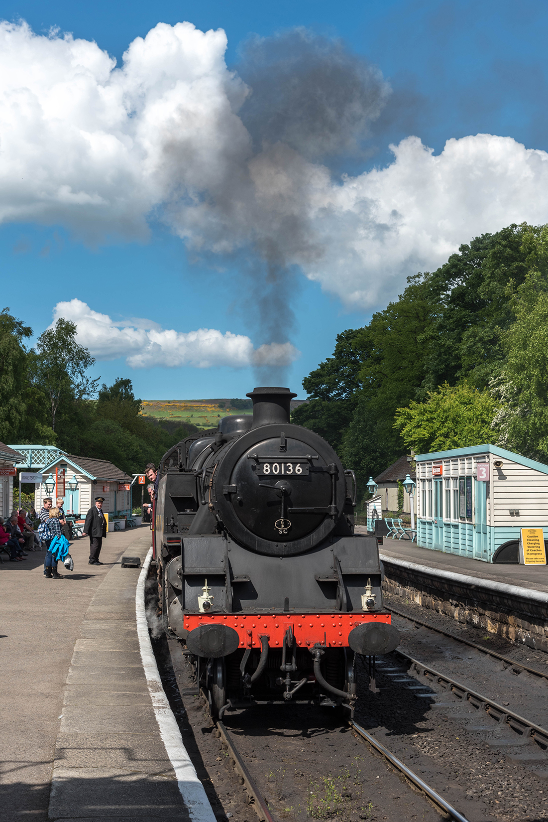 80136, starts out of Grosmont with the 14:10 Whitby to Pickering service. 80136, starts out of Grosmont with the 14:10 Whitby to Pickering service.