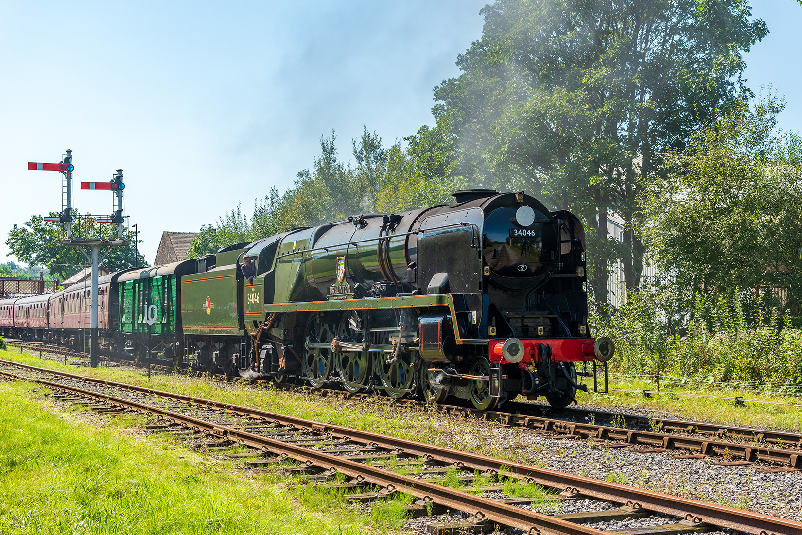 'Braunton' leaving Ramsbottom swith the newly restored Southern brake van.